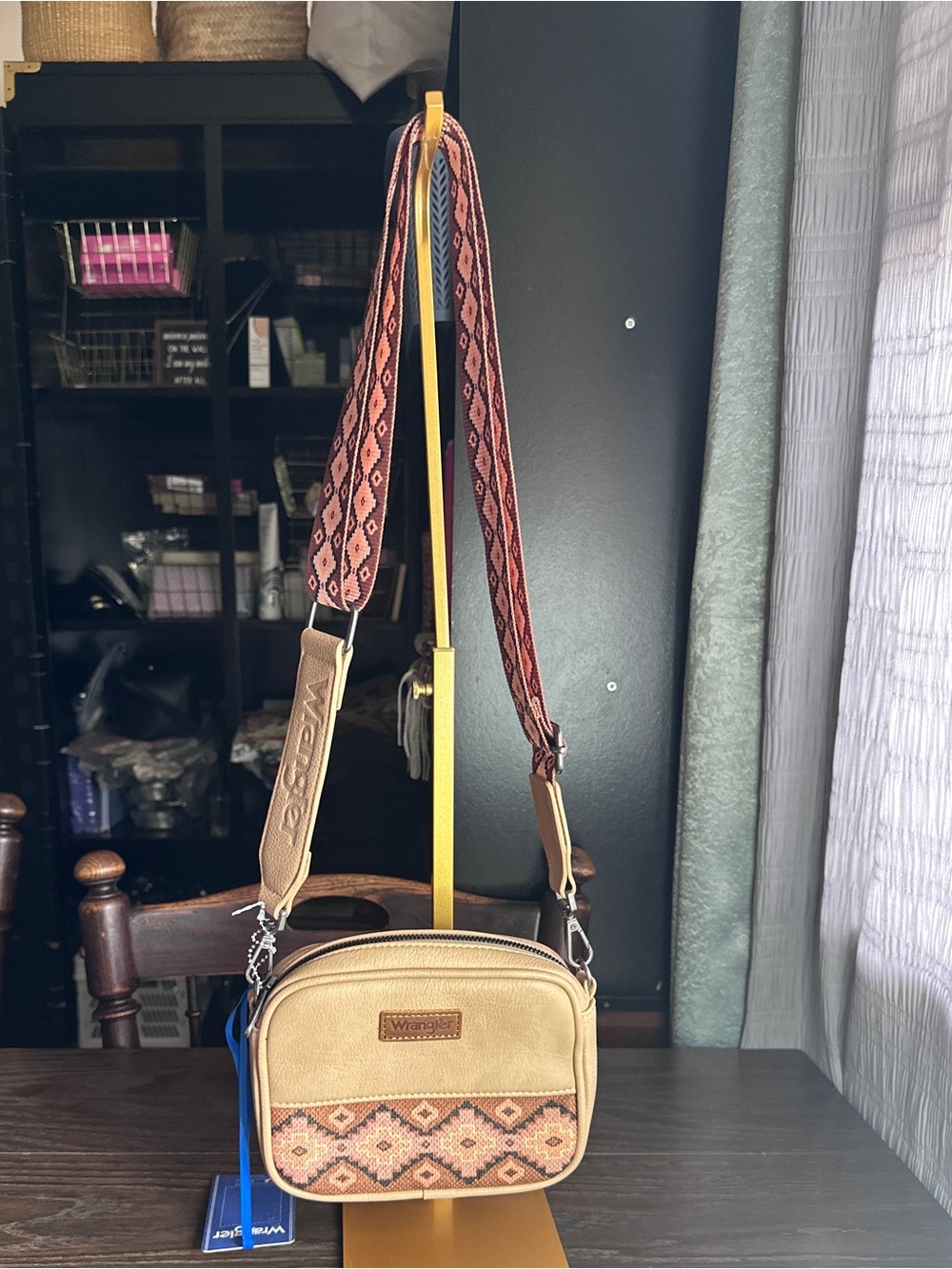 Wanderlux Tan Suede Crossbody Bag with Aztec Trim
